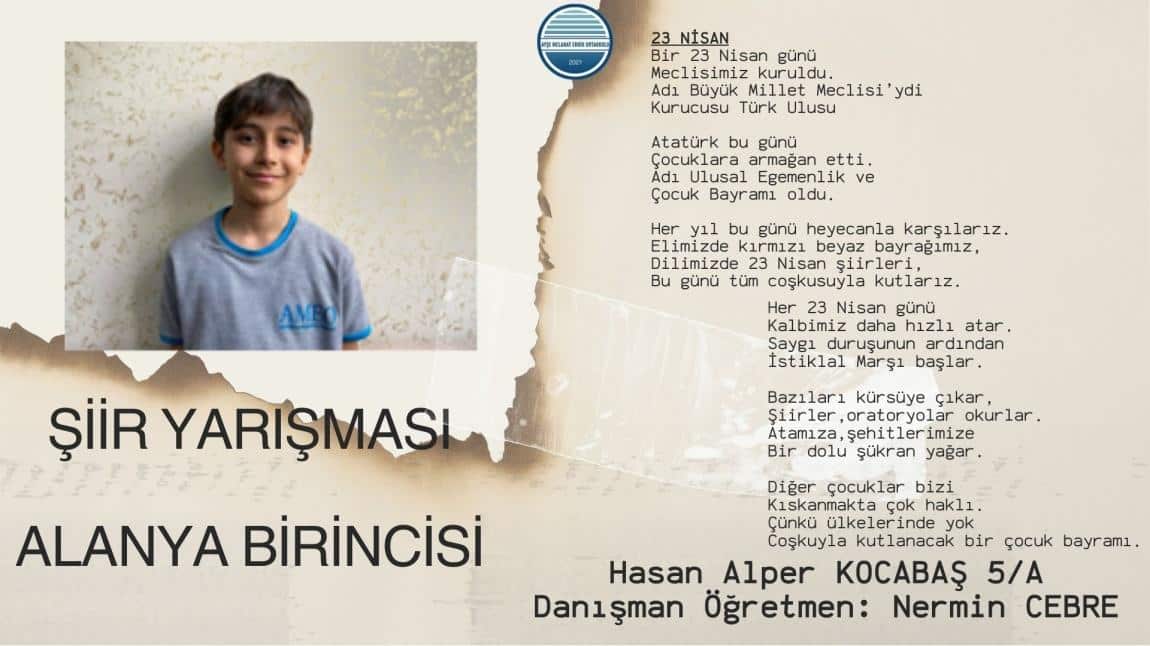 Öğrencimiz Hasan Alper KOCABAŞ Şiir Yarışması Alanya Birincisi Olmuştur.